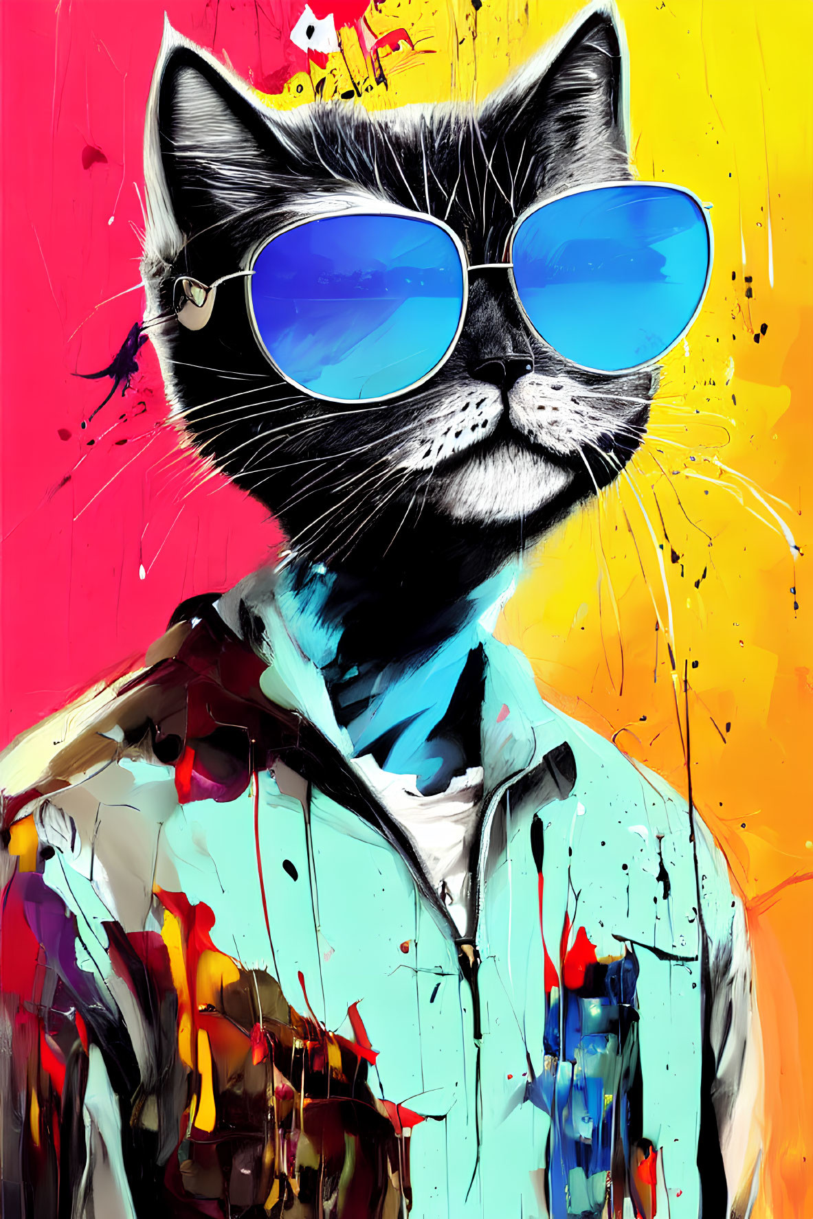 Colorful Cat Portrait with Sunglasses and Shirt on Dynamic Background