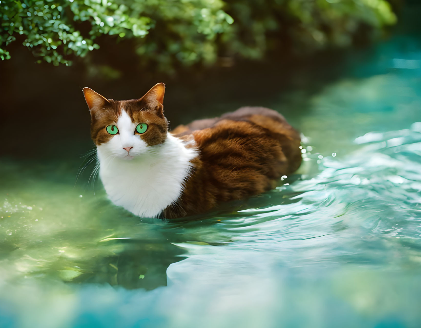 Fluffy Cat with Green Eyes in Sparkling Stream