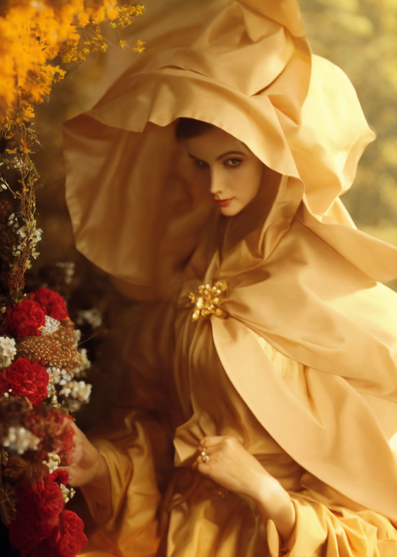 Woman in Golden Fabric Surrounded by Vibrant Flowers