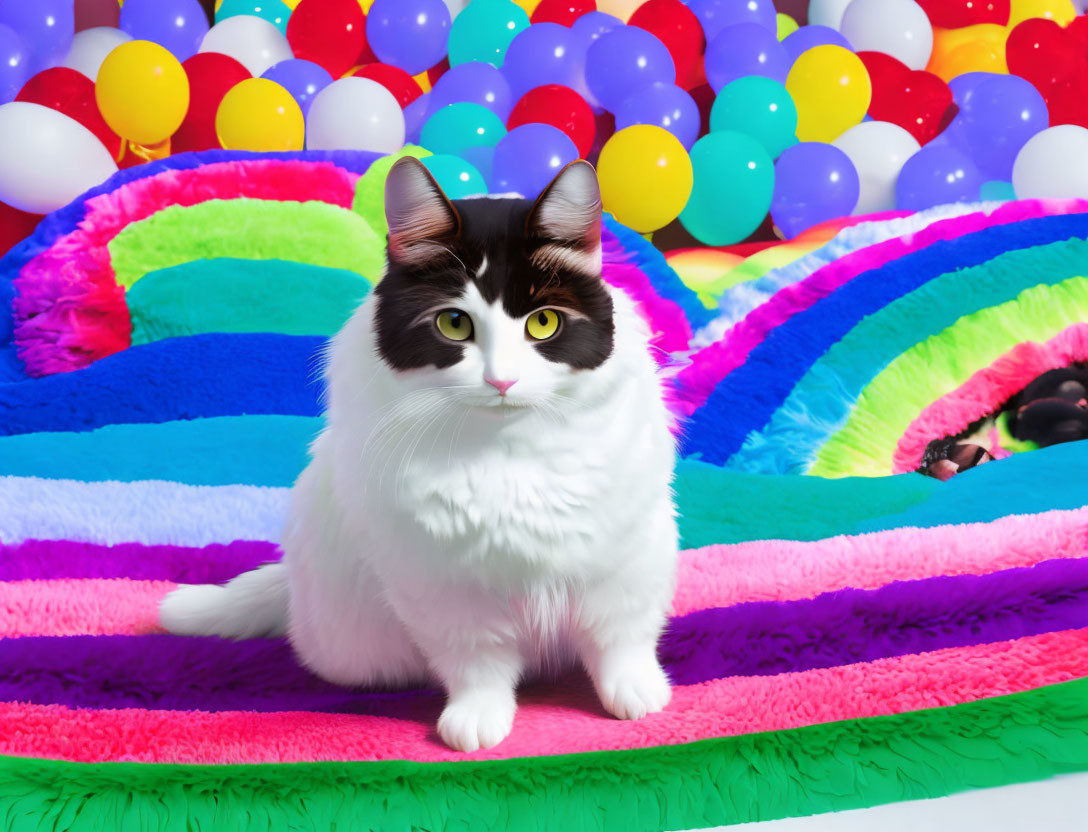 Black and white cat on rainbow rug with balloons