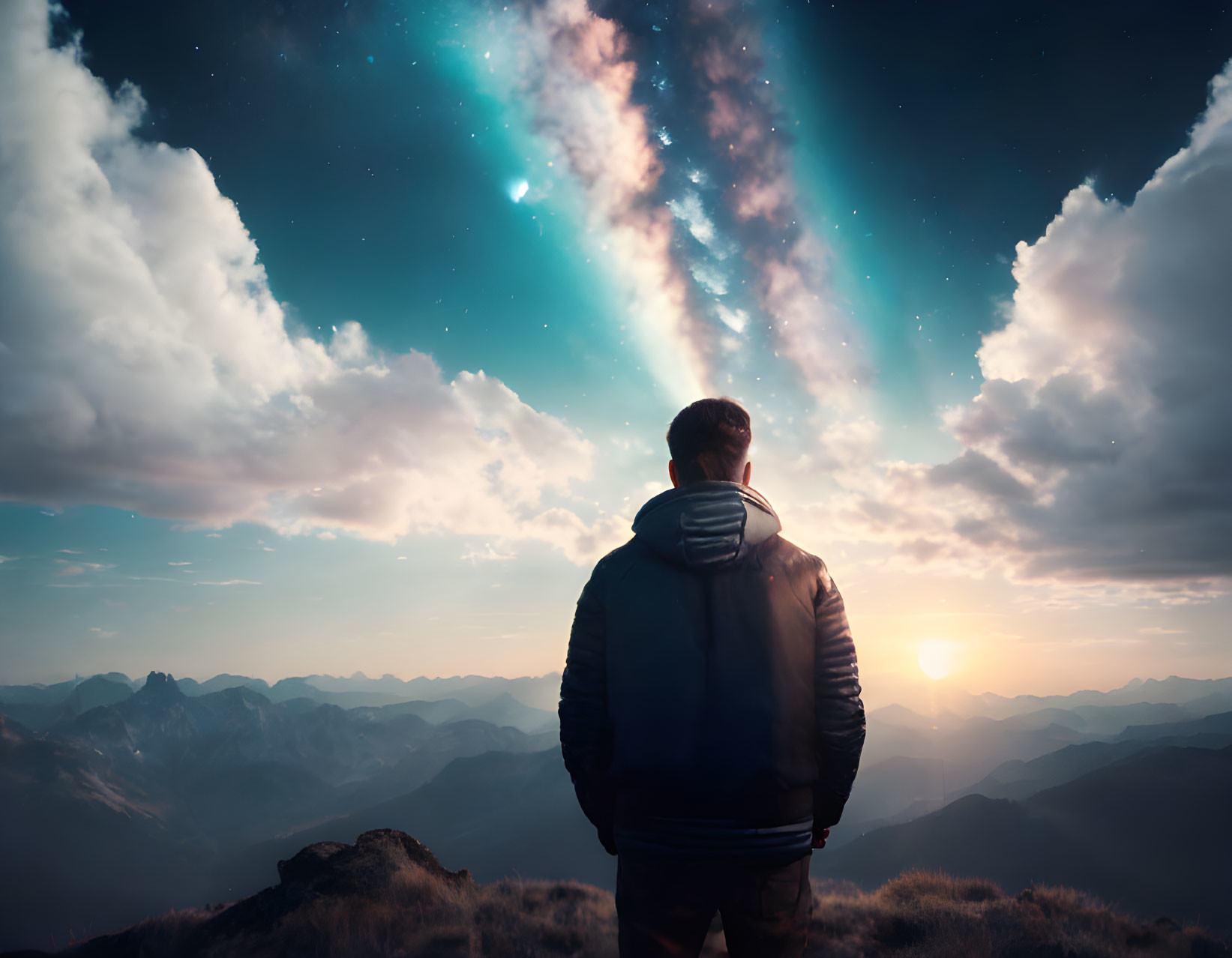 Person on mountaintop at sunset with star-filled sky.