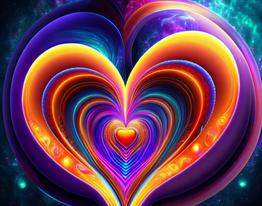 Colorful digital art: multi-layered heart in neon hues on cosmic backdrop