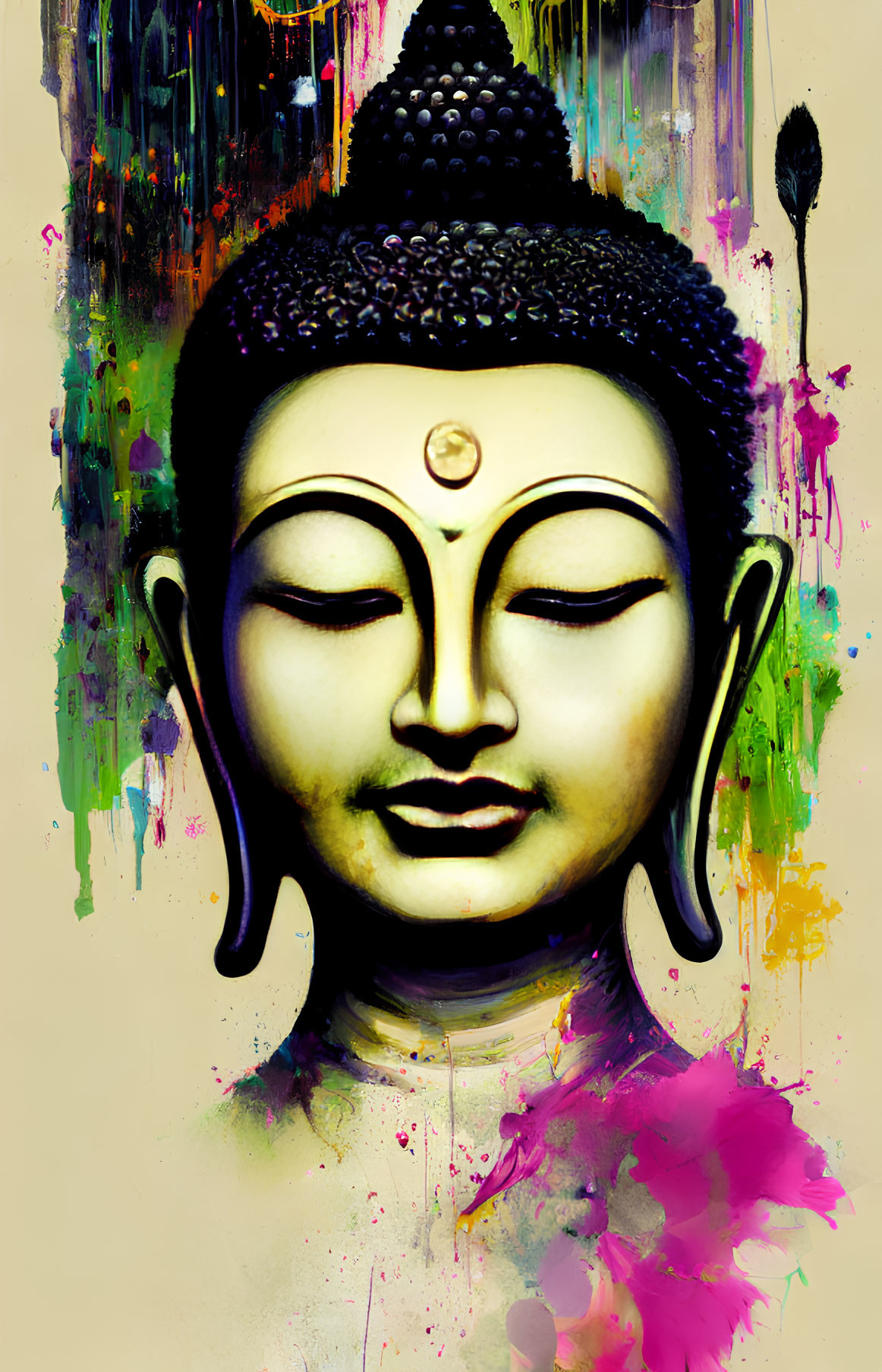 Colorful Paint Drips on Buddha's Face Against Yellow Background