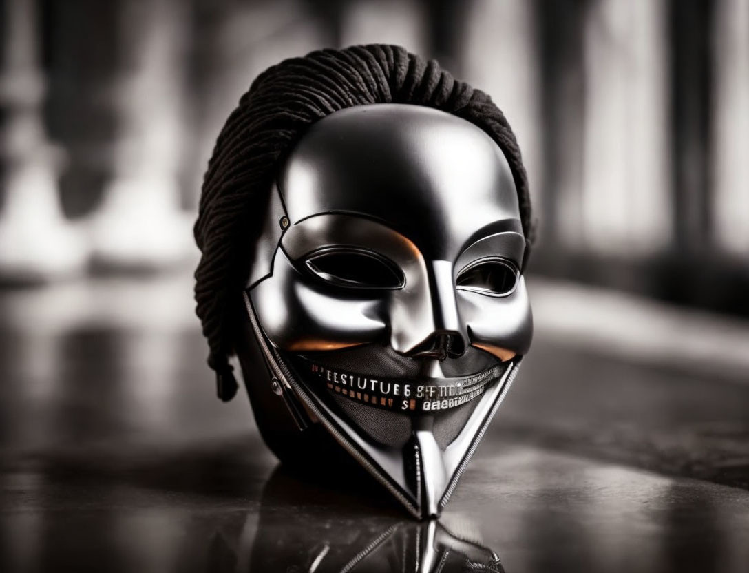 Reflective Guy Fawkes mask with braided hair detail symbolizing anonymity and rebellion