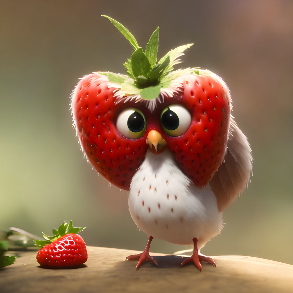 Cute Bird-Like Animated Character with Strawberry Body and Leafy Wings