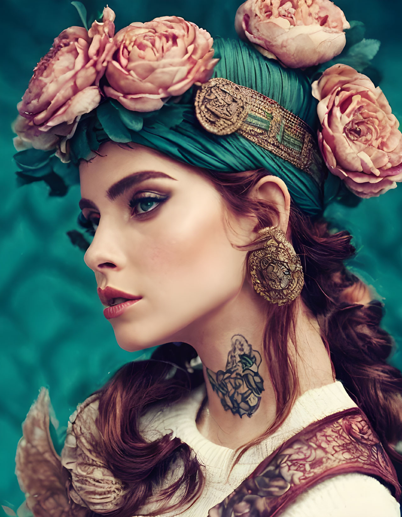 Woman with floral headband, tattoos, vintage jewelry on teal background