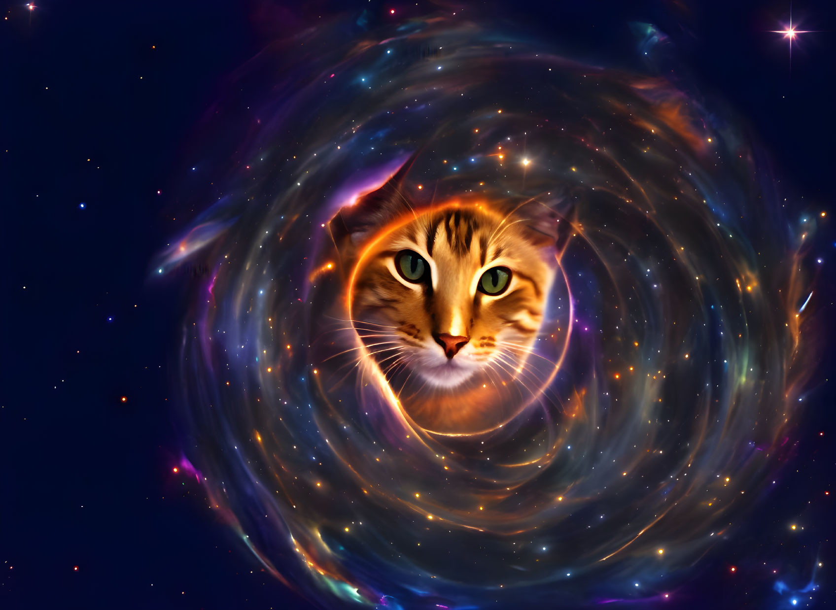 Cosmic Vortex with Cat's Face and Vibrant Colors