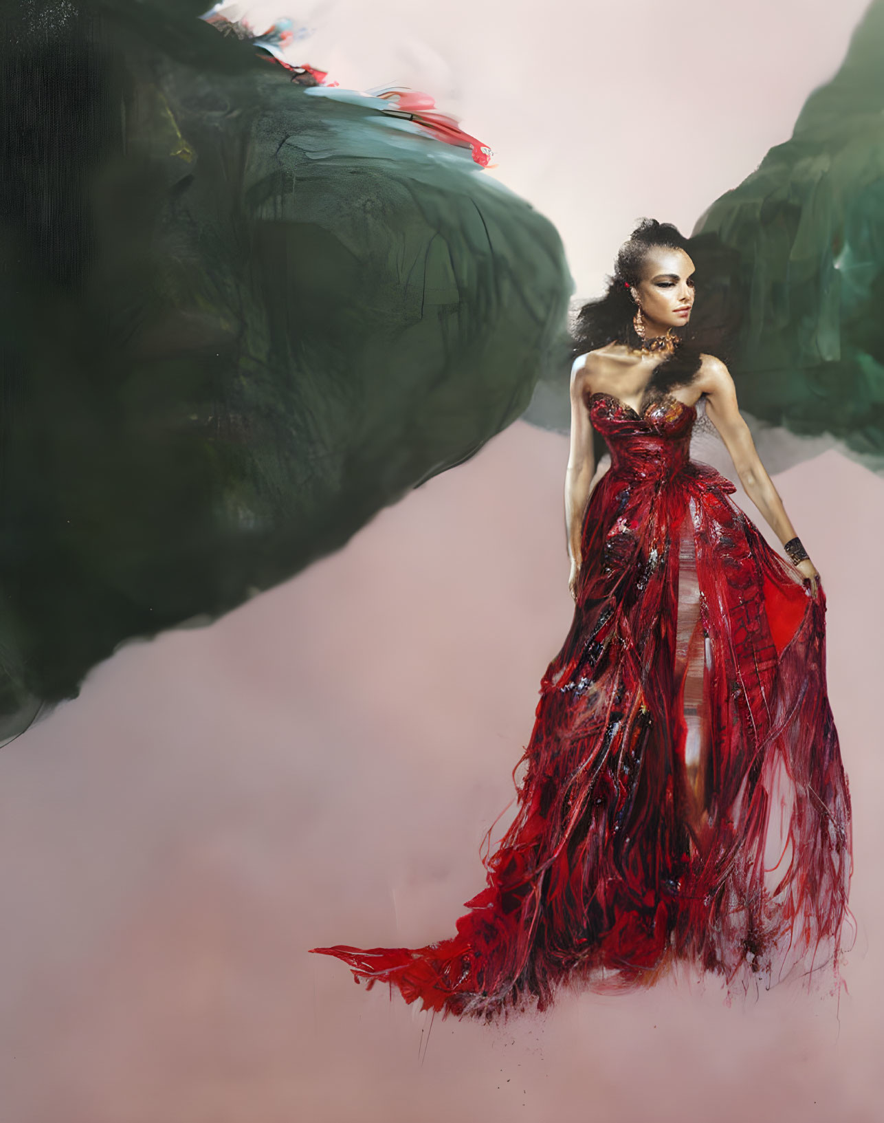 Woman in Red Textured Gown Stands with Ethereal Smoke Backdrop