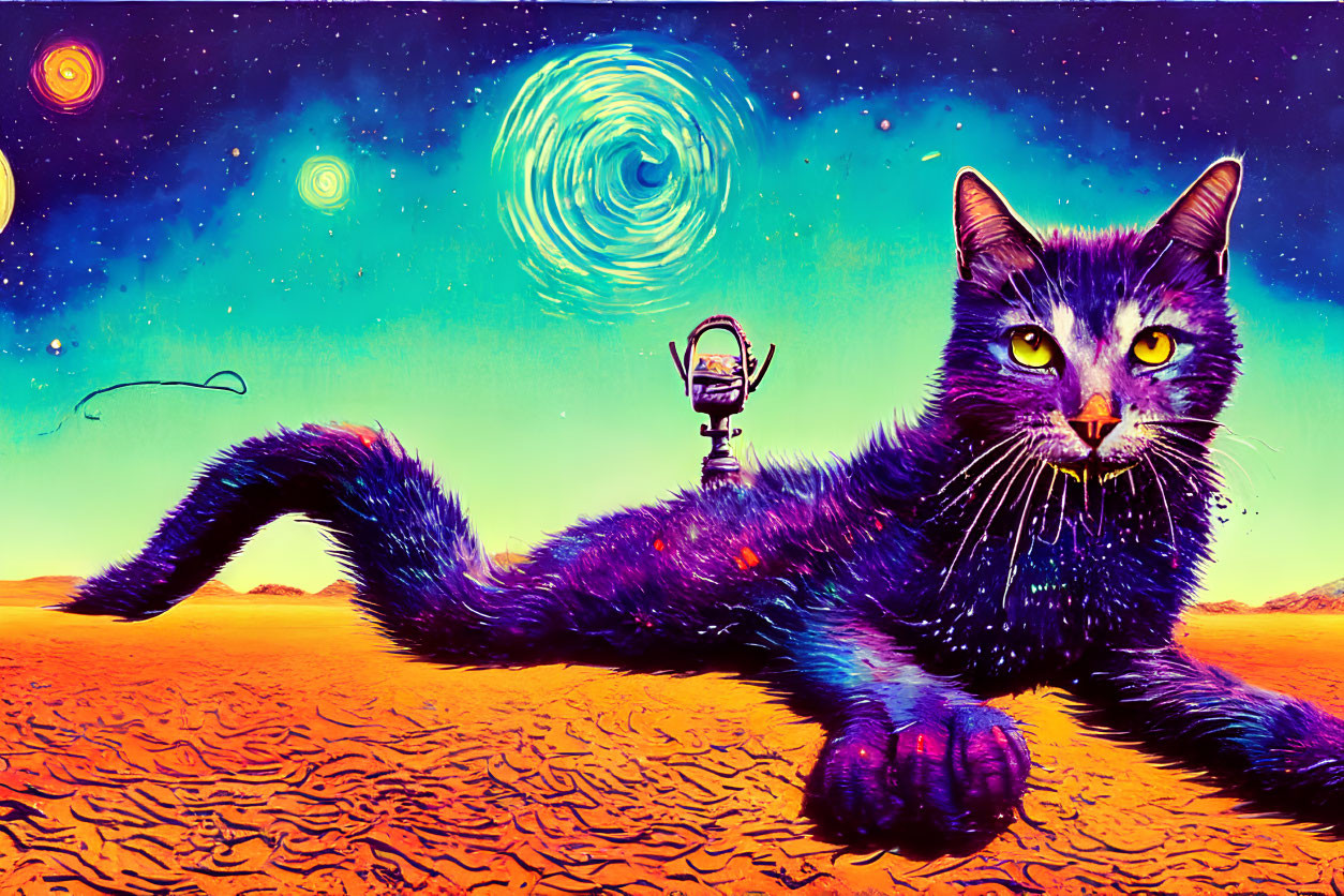 Cosmic Cat in Vibrant Desert with Galaxy Background