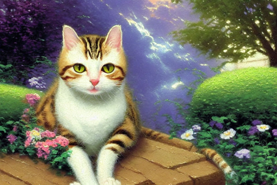 Regal Calico Cat on a Stone Pathway Surrounded by Flowers