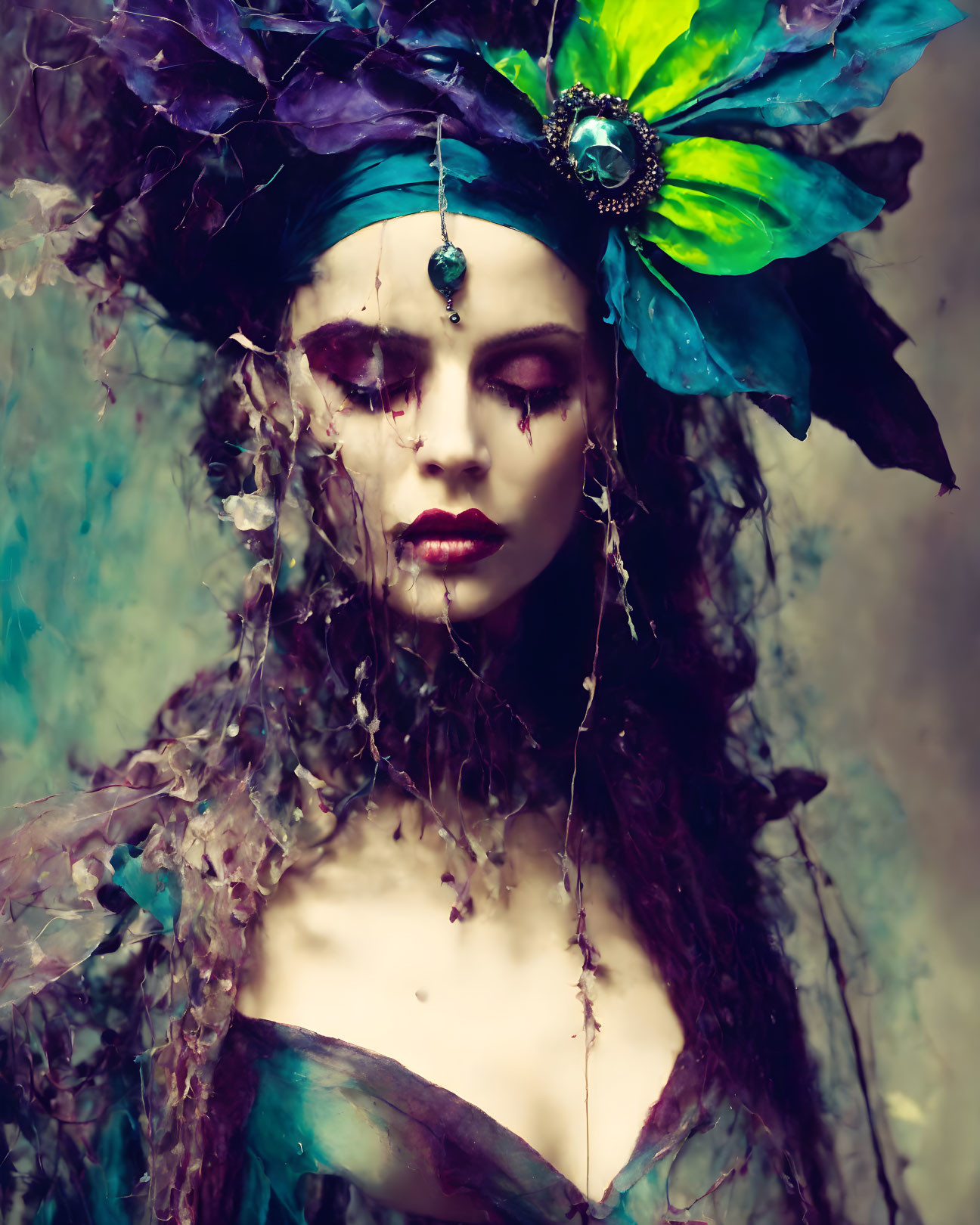 Vibrant Figure with Floral Headpiece and Ethereal Fabrics