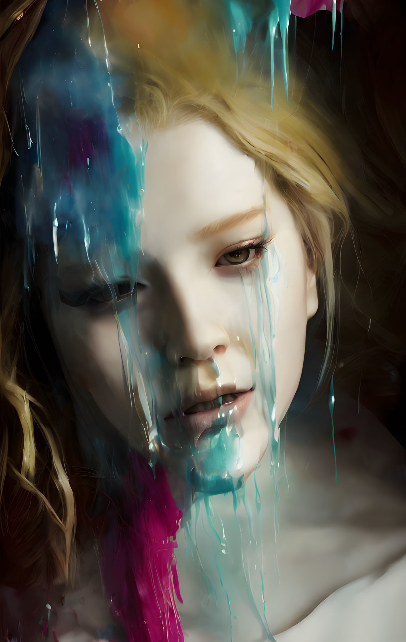 Portrait of a Young Woman with Colorful Paint Drips