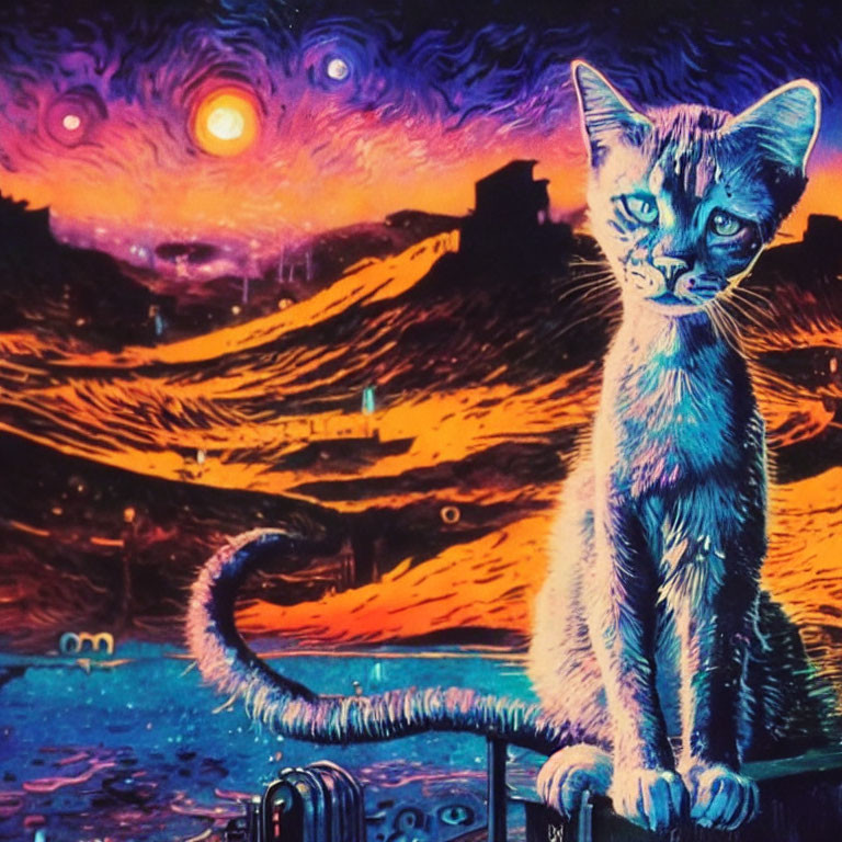 Stylized Cat in Otherworldly Colorful Landscape