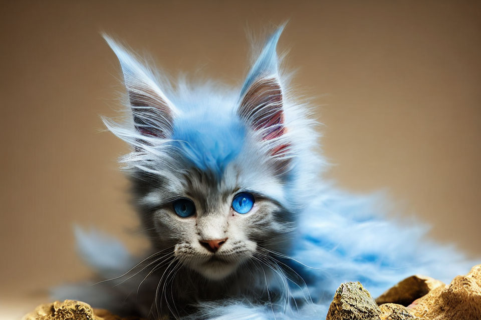 Digitally altered image of a blue fur kitten with deep blue eyes