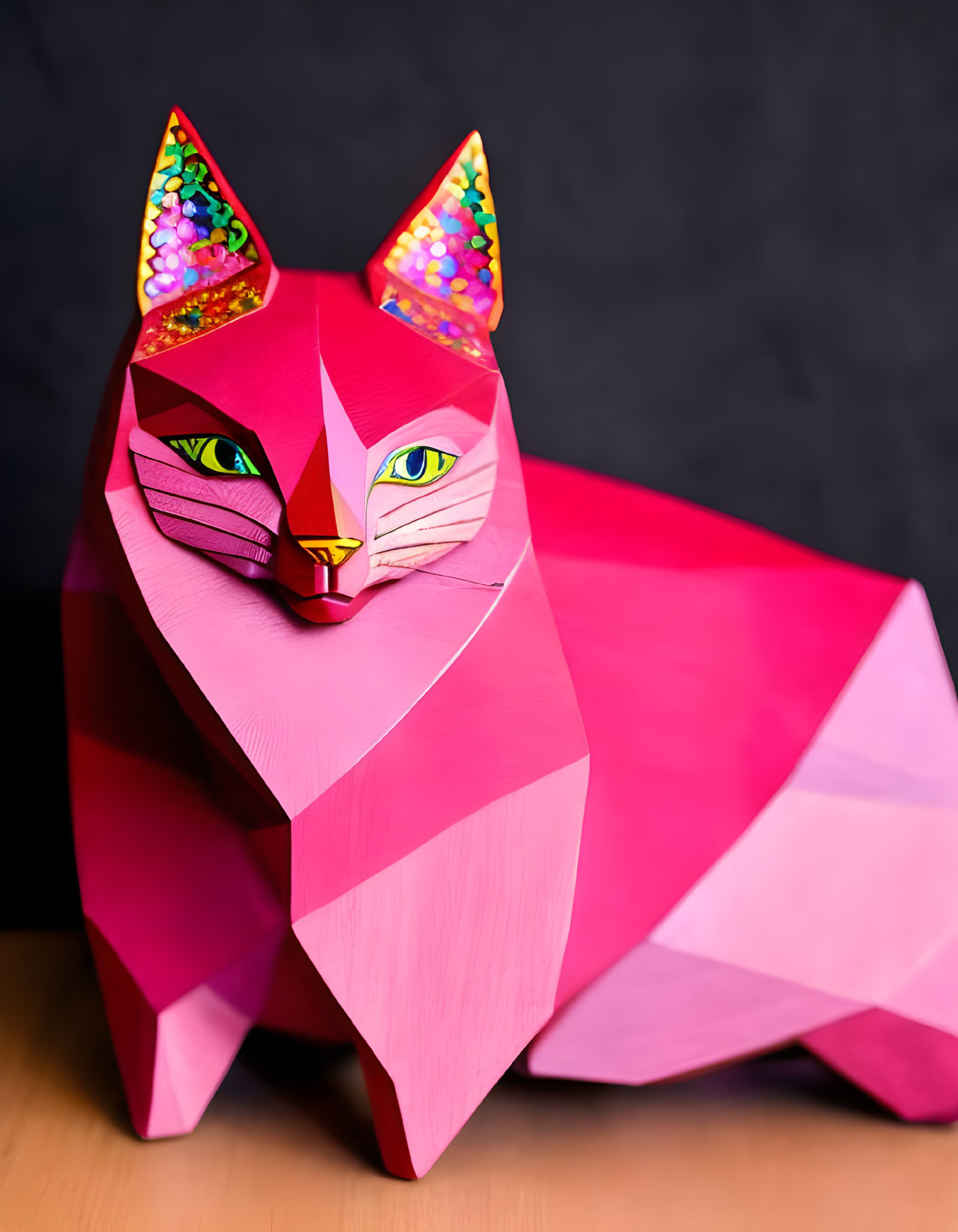 Vibrant Pink Geometric Paper Art Cat Sculpture