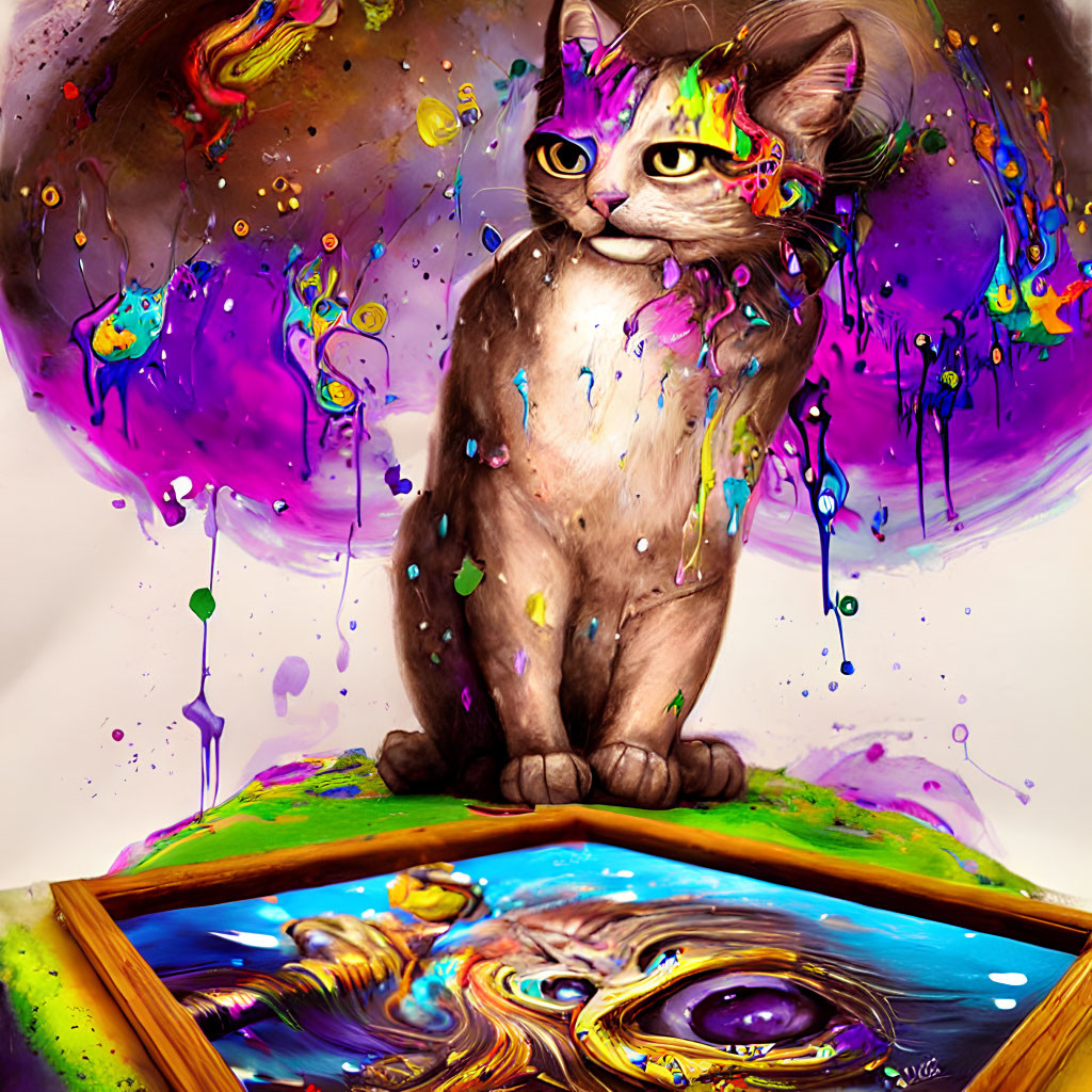 Colorful Cat Illustration with Paint Splatters and Eye