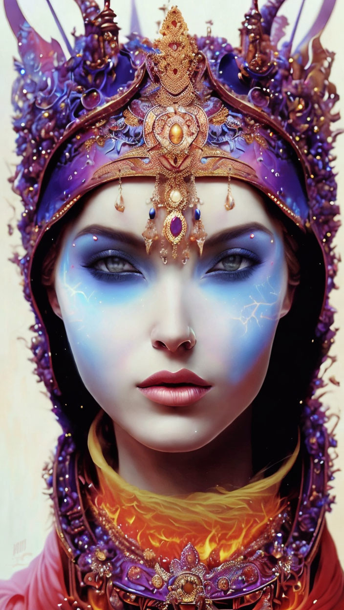 Ethereal Figure with Jewel-Encrusted Headdress and Face Paint