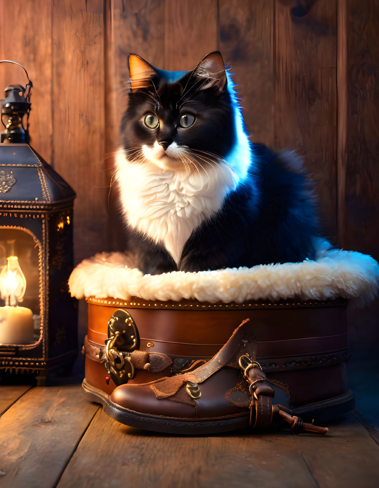 Black and white cat on cushioned pet bed in round-top travel chest with lit lantern