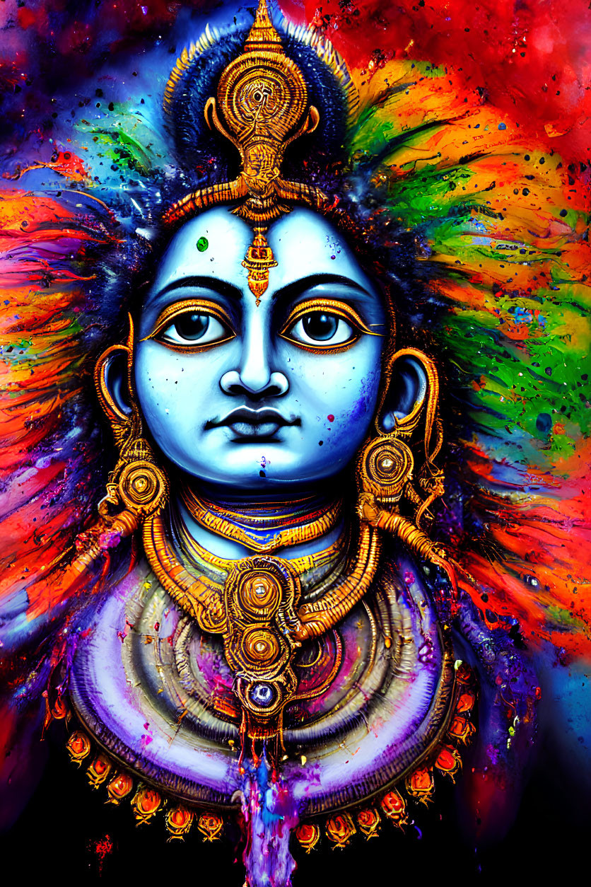 Vibrant Hindu deity with blue skin and gold jewelry in colorful artwork