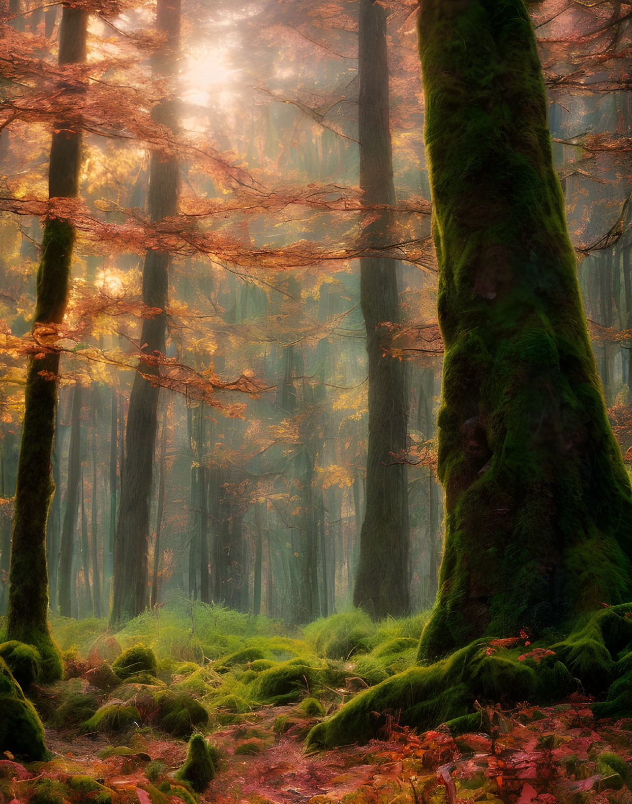 Serene forest scene with golden light and autumn leaves