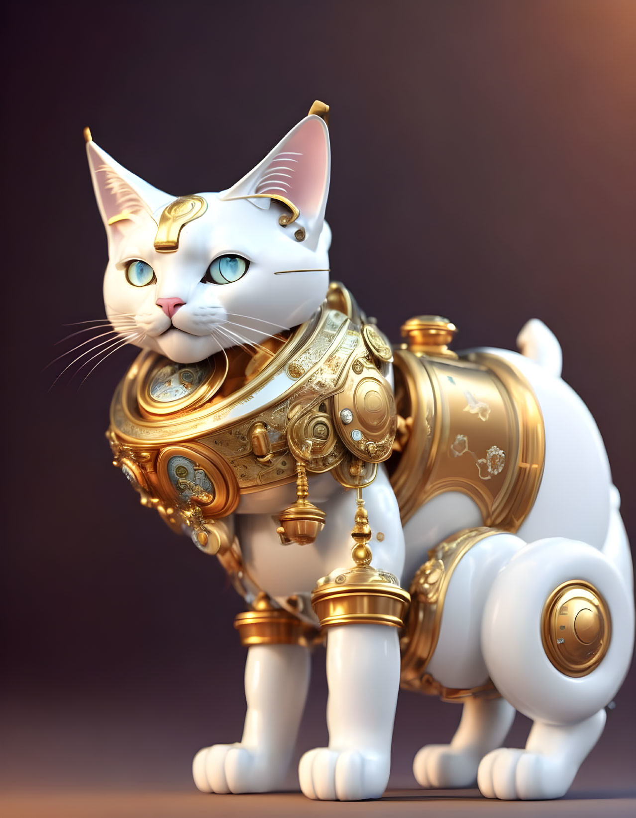 White Cat in Golden Steampunk Armor with Intricate Gears