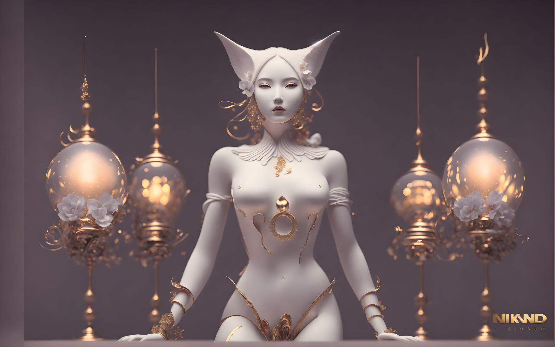 Stylized humanoid figure with ornate gold designs