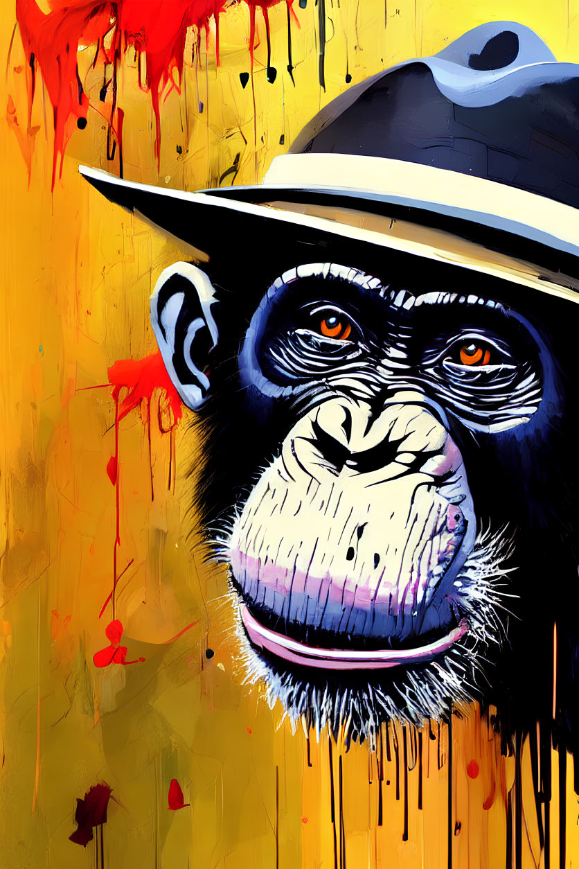 Colorful chimpanzee portrait with blue eyes and black hat on yellow background.