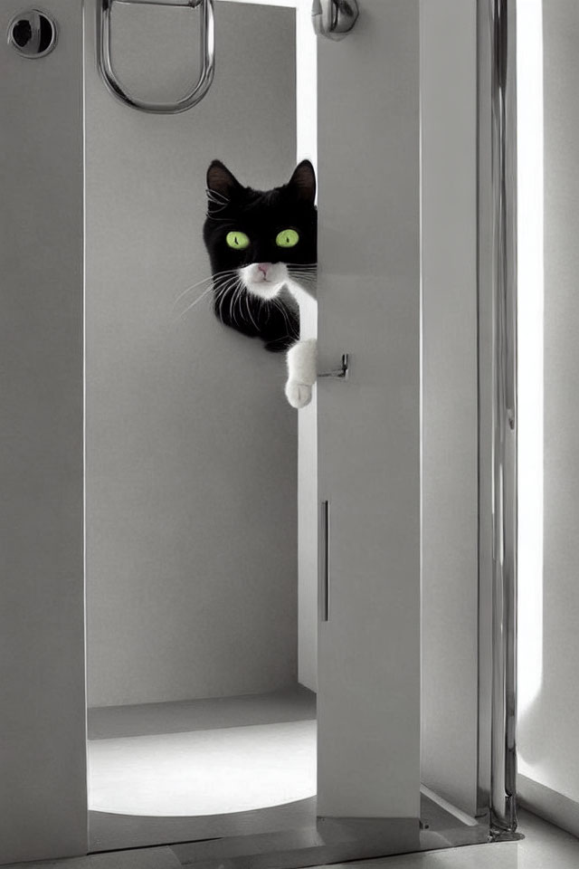 Black and White Cat with Green Eyes Peeking from White Door