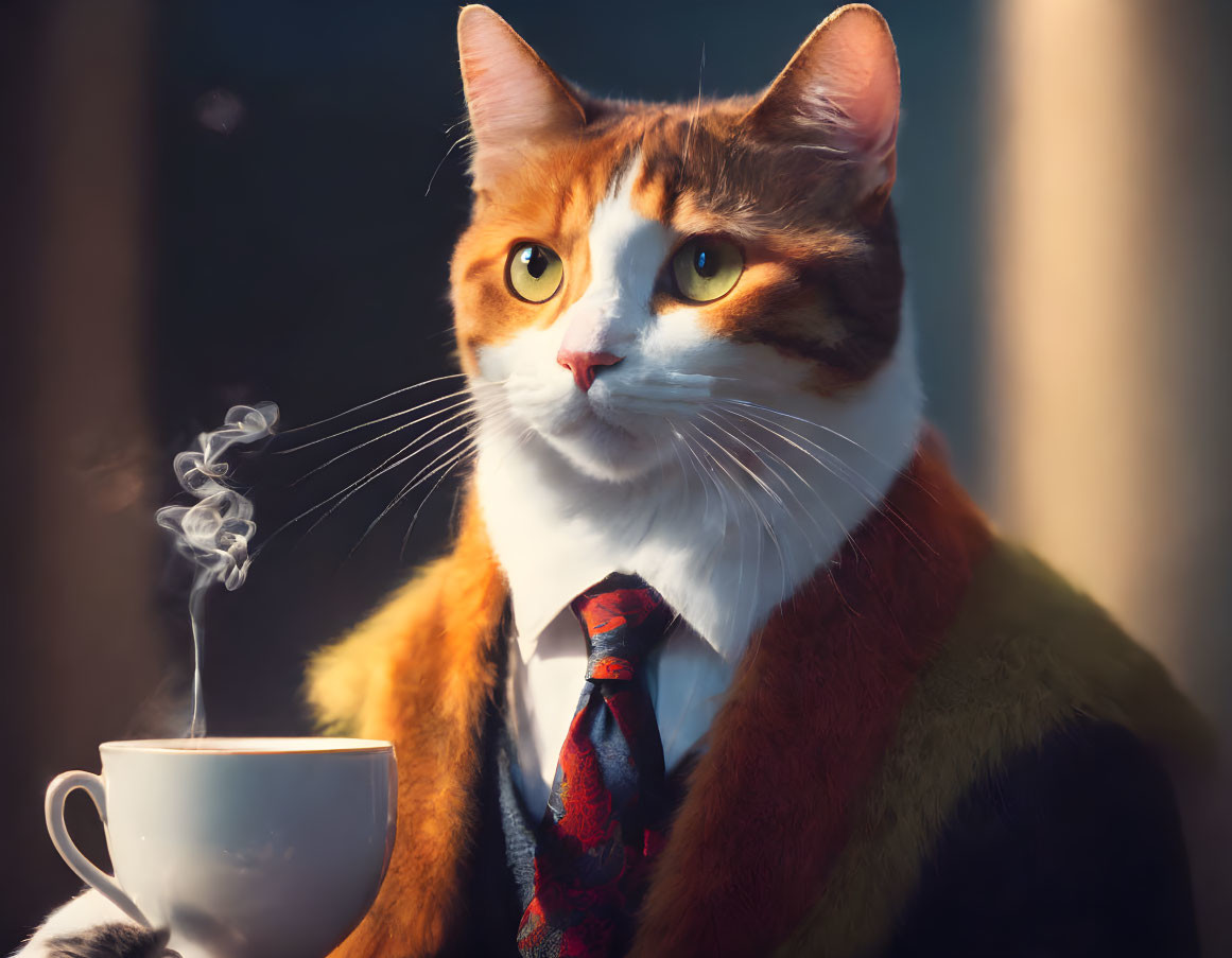 Anthropomorphic cat in suit and tie with coffee cup