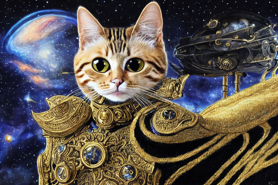 Whimsical cat in golden armor on cosmic background