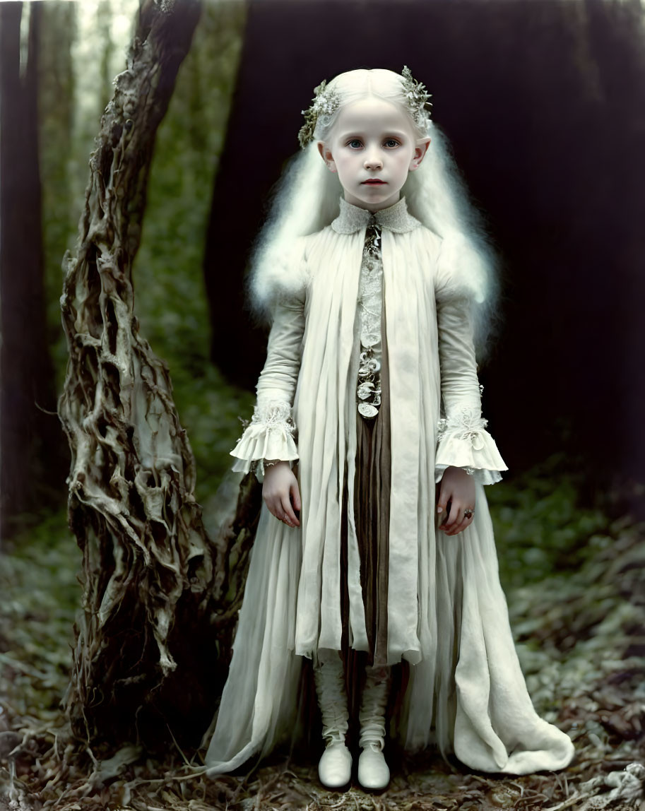 Young child in white vintage dress with floral headpiece in forest