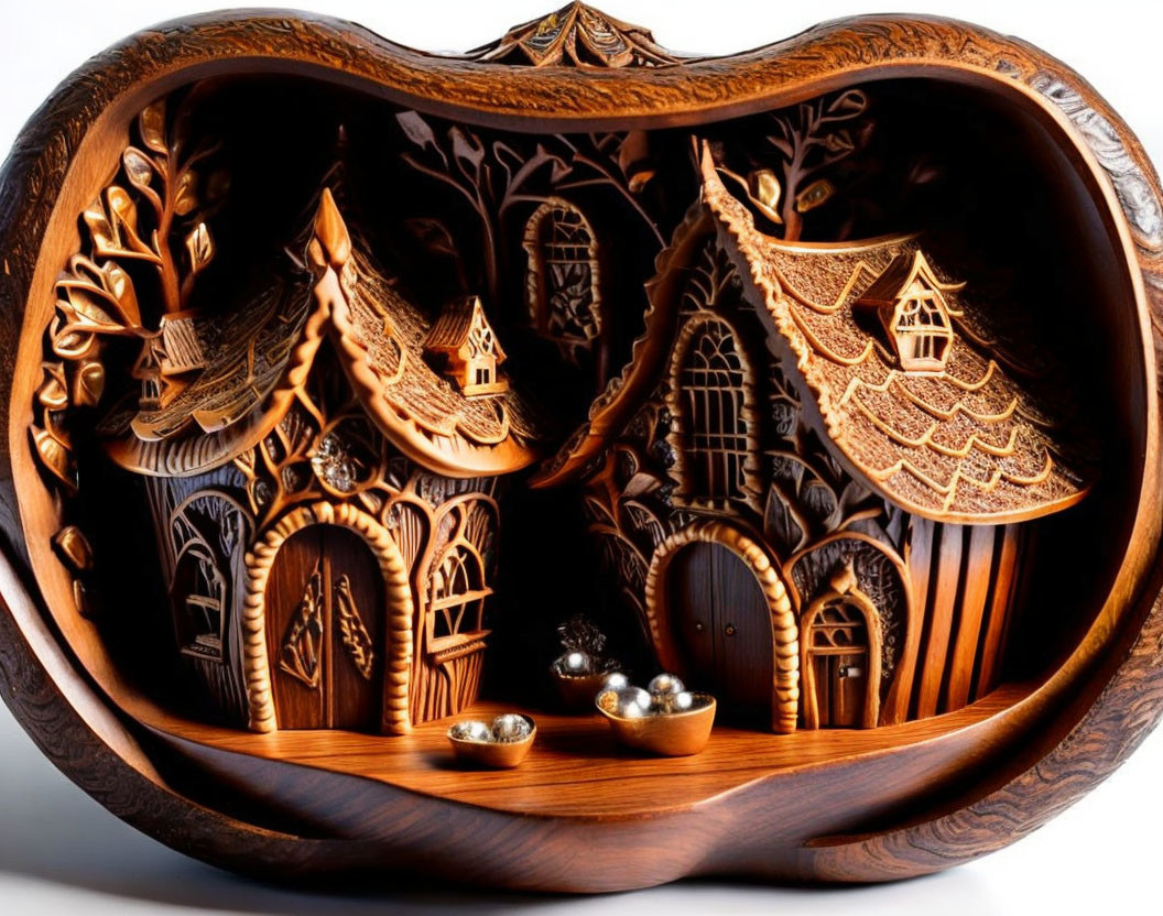 Intricately Carved Wooden Sculpture of Two Houses