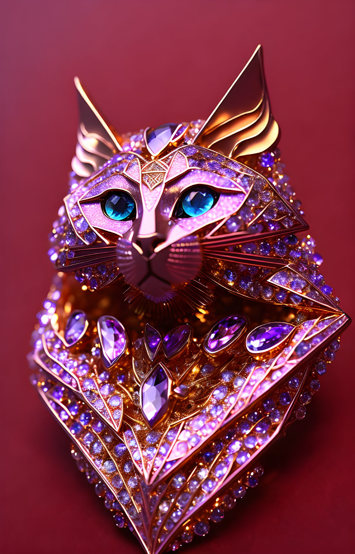 Intricate Cat Sculpture with Gemstones and Crystals