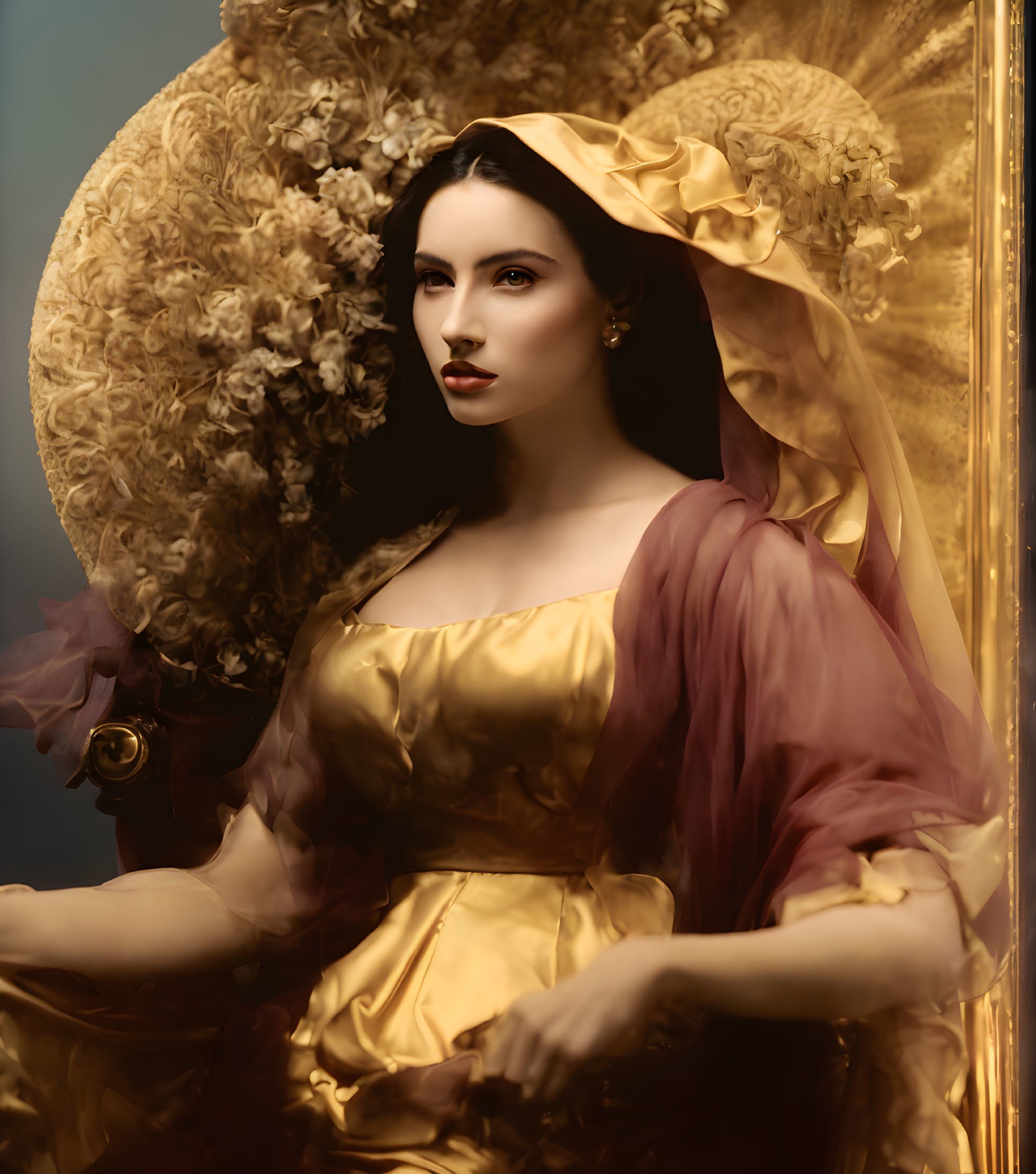 Elegant Woman in Golden Gown with Floral Fan Backdrop