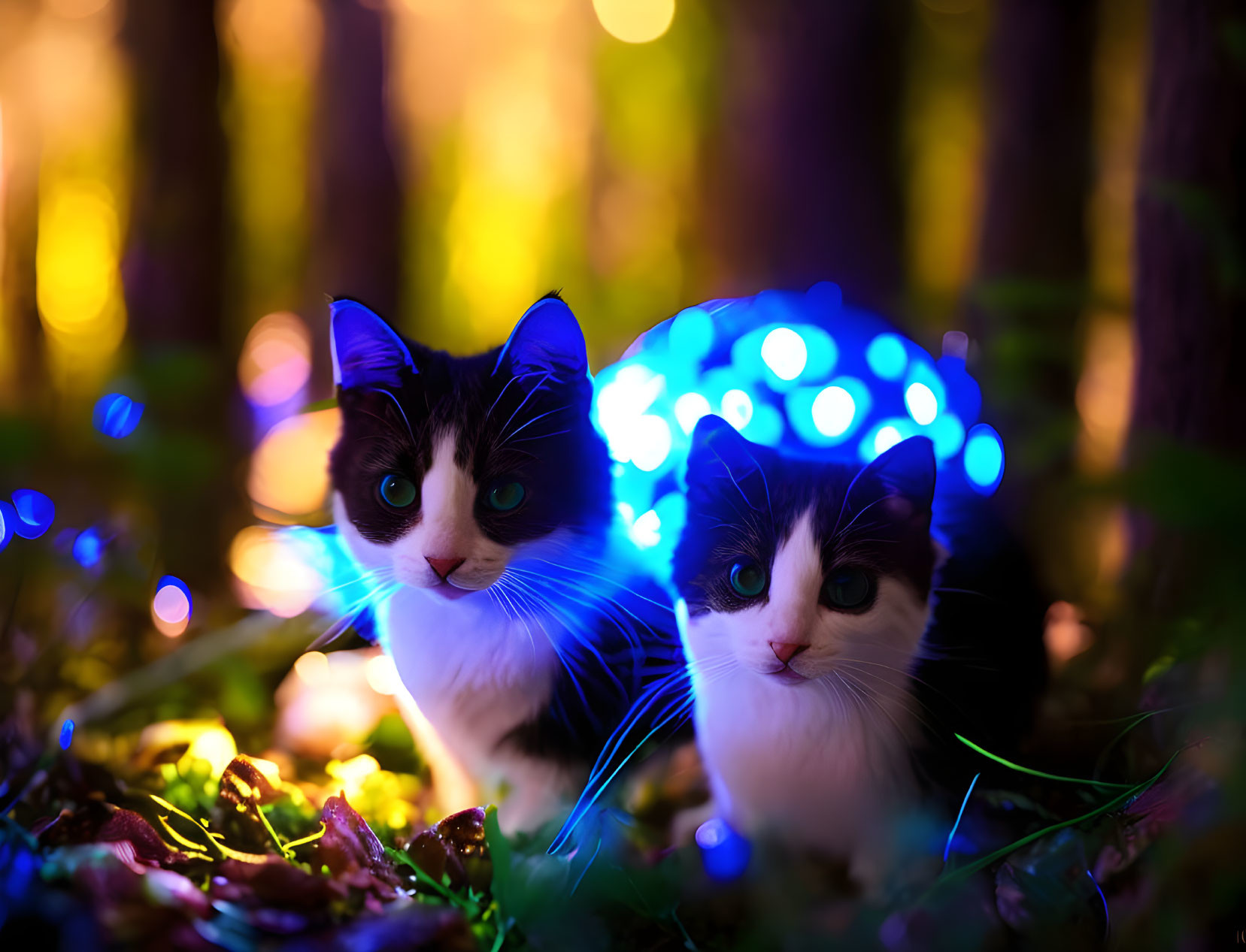 Black and White Cats by Blue Lights in Mystical Forest Setting at Twilight