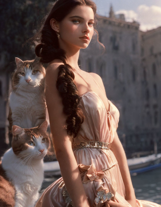 Woman in elegant dress posing with two cats by canal in sunlight