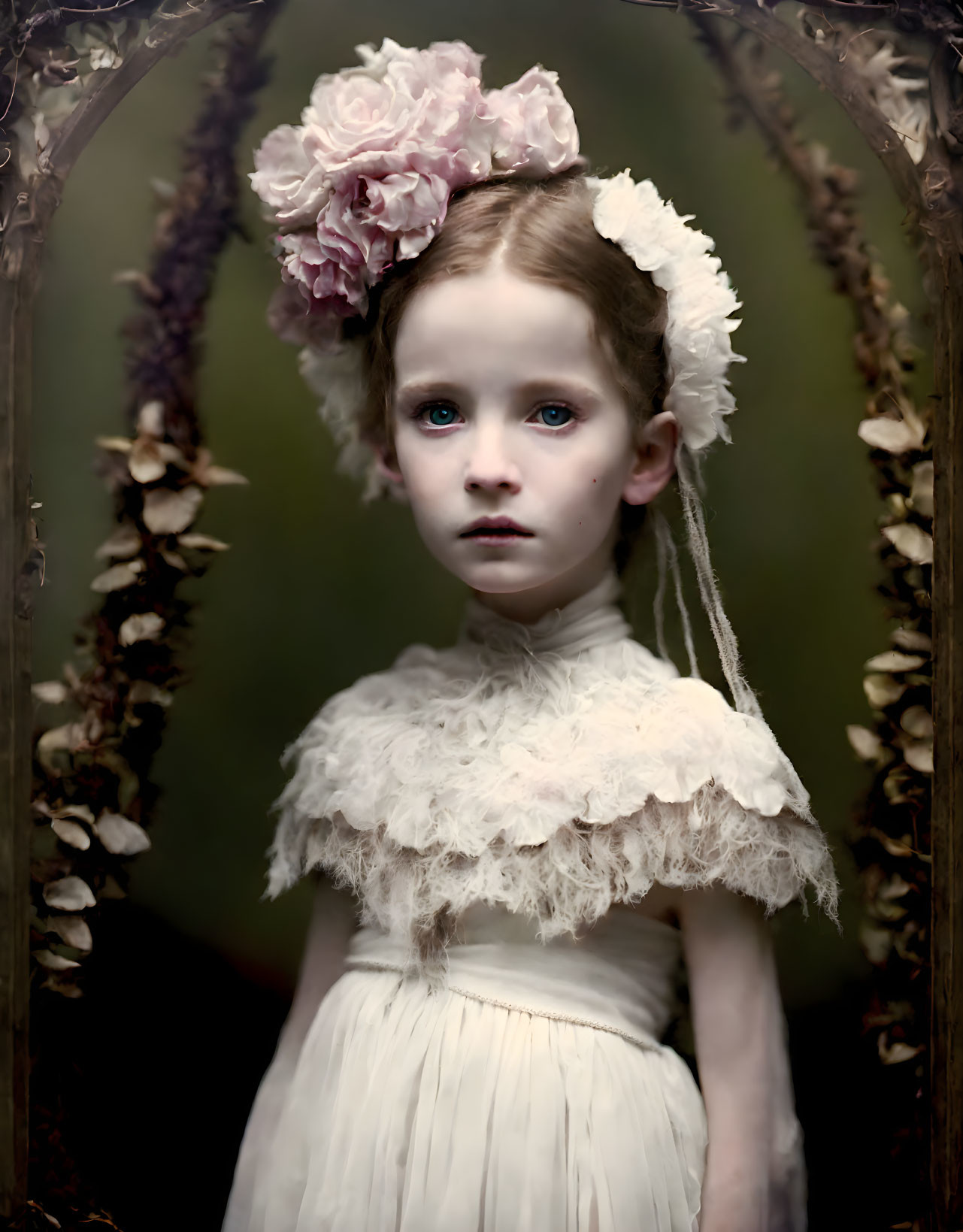 Young girl in vintage dress with floral decorations