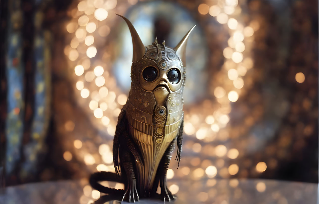 Intricate metallic owl sculpture with large eyes in soft bokeh background