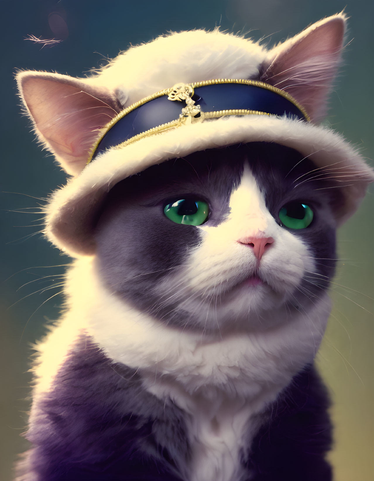 Domestic Cat with Green Eyes Wearing Charming Bow Hat