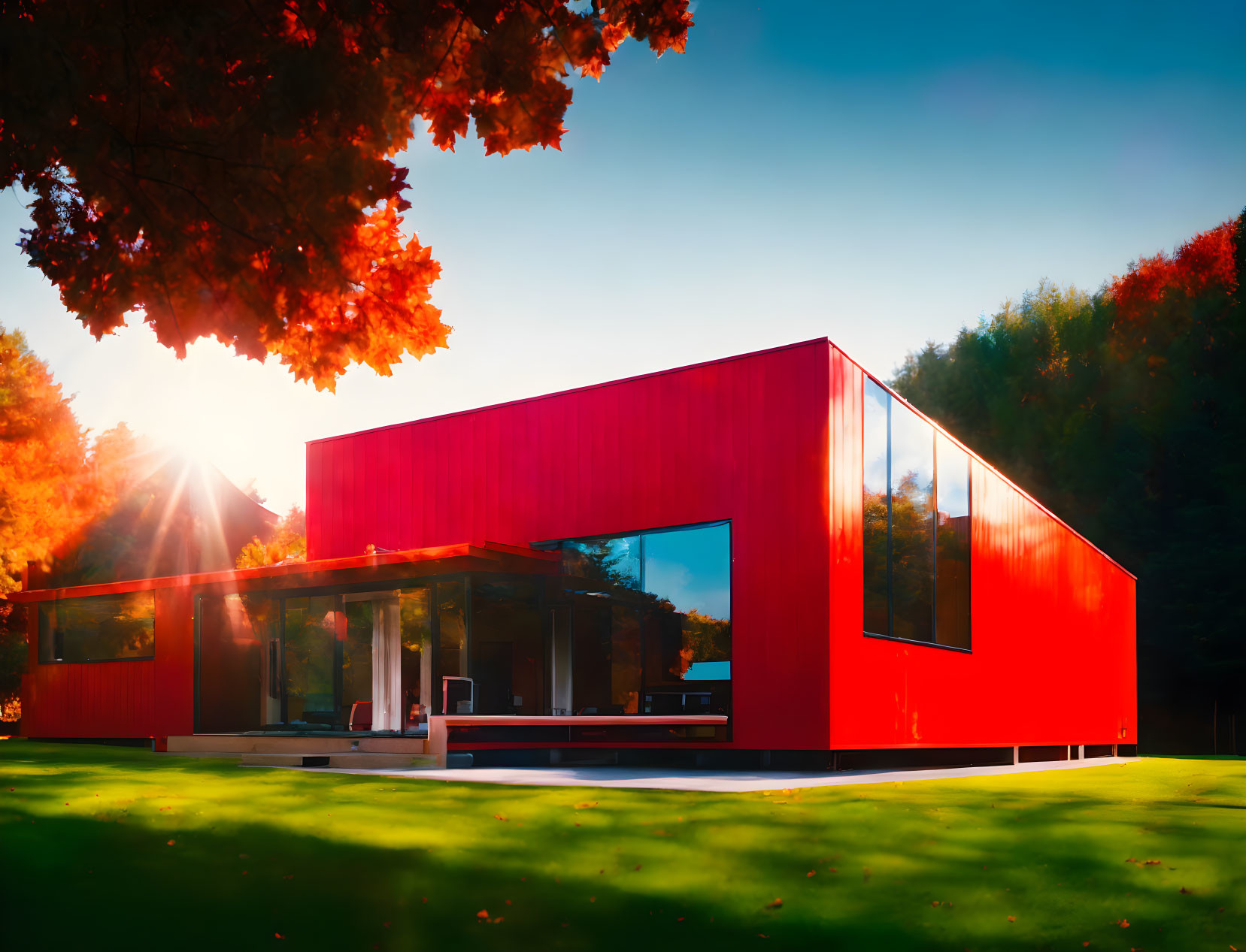 Contemporary Red House Amid Autumn Trees and Sunlight