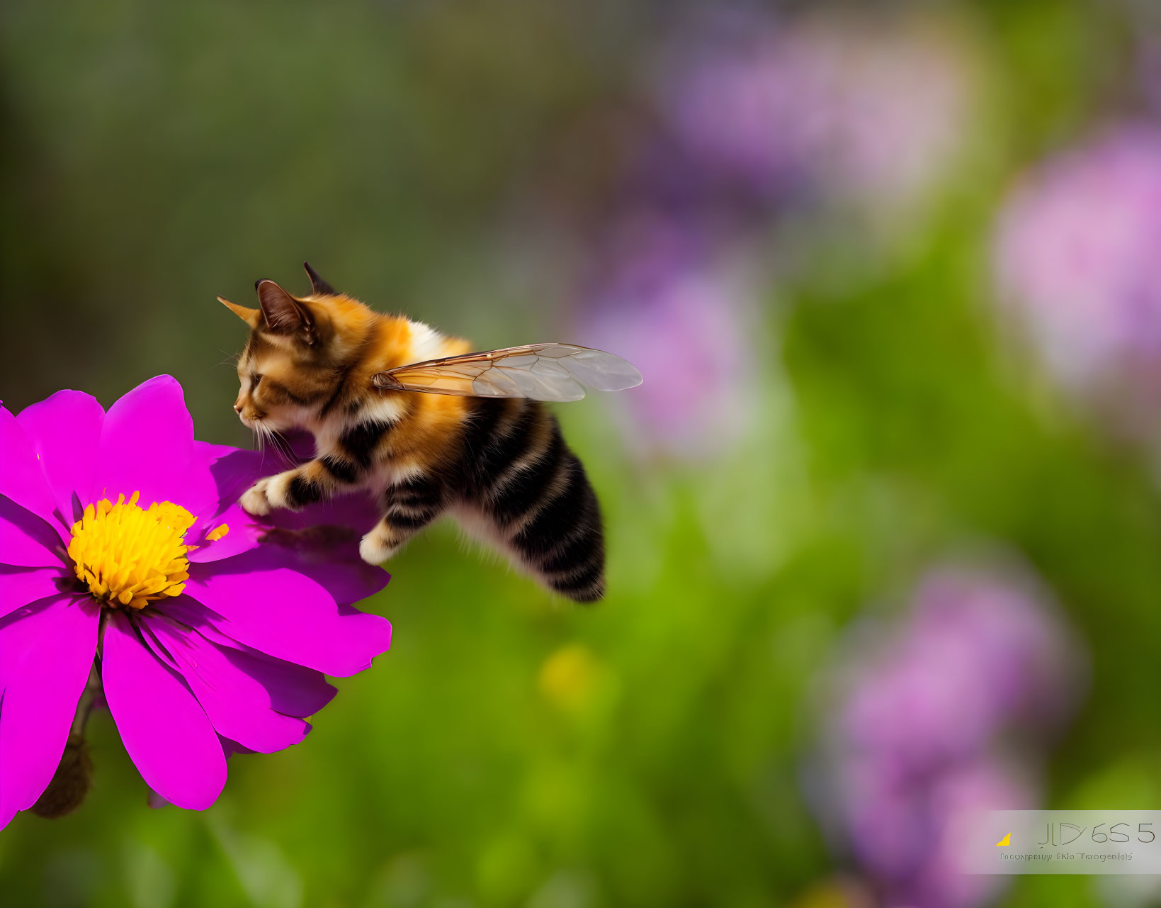 Bee Approaching Pink Flower in Lush Greenery