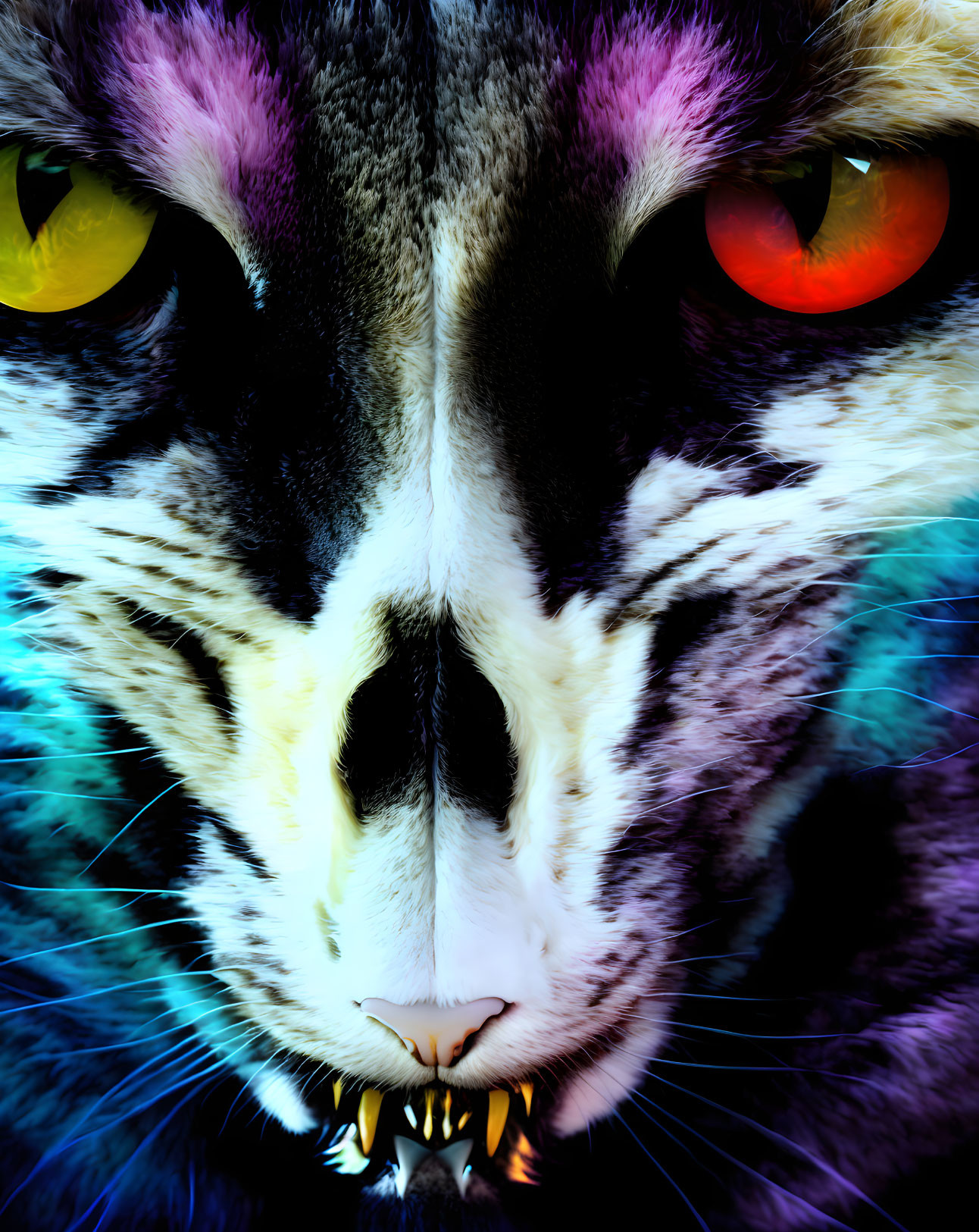 Colorful Close-Up Digital Artwork: Cat's Face with Multicolored Eyes and Fangs