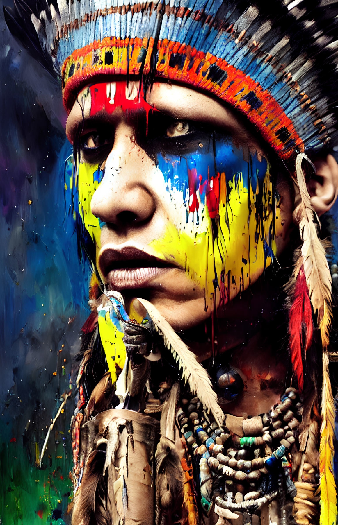 Person with vibrant face paint and feathered headdress in indigenous attire gazes sideways.