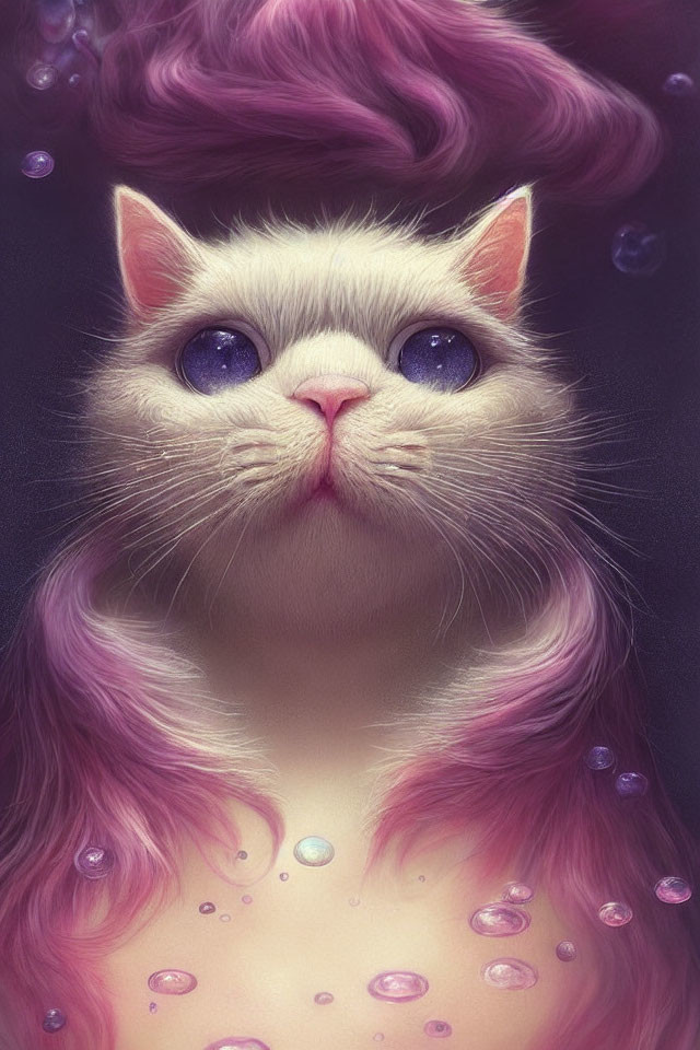 Whimsical cat with blue eyes and purple hair in bubble-filled scene