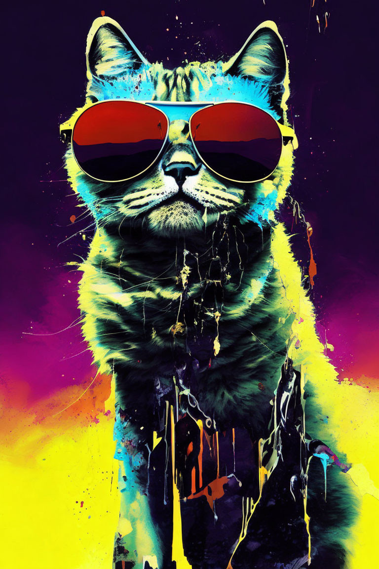 Colorful Cat in Red Sunglasses on Vibrant Background