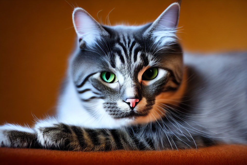 Gray Striped Cat with Green Eyes and Pink Nose on Orange Surface