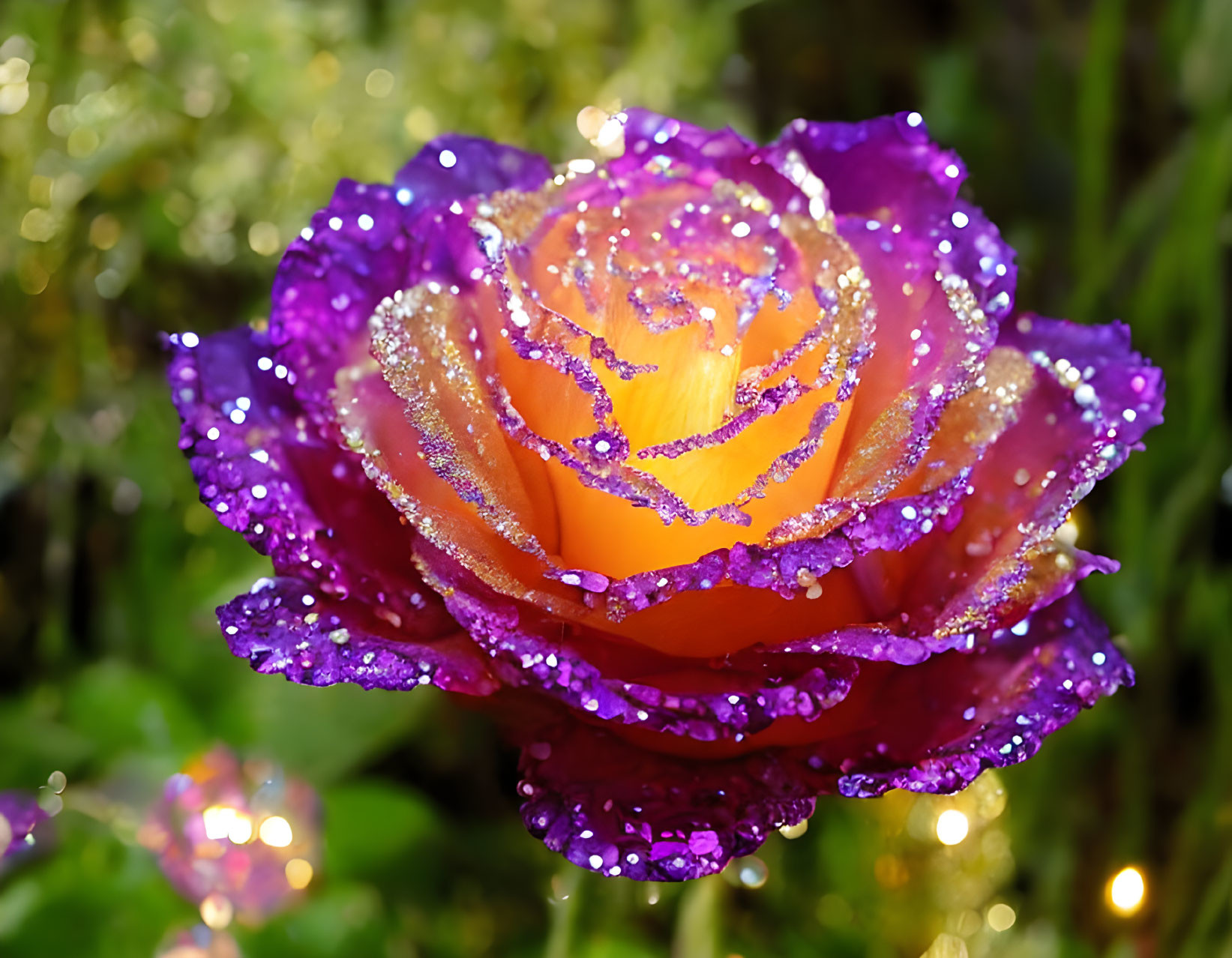 Vibrant orange rose with dewdrops on petals against green backdrop and bokeh effect