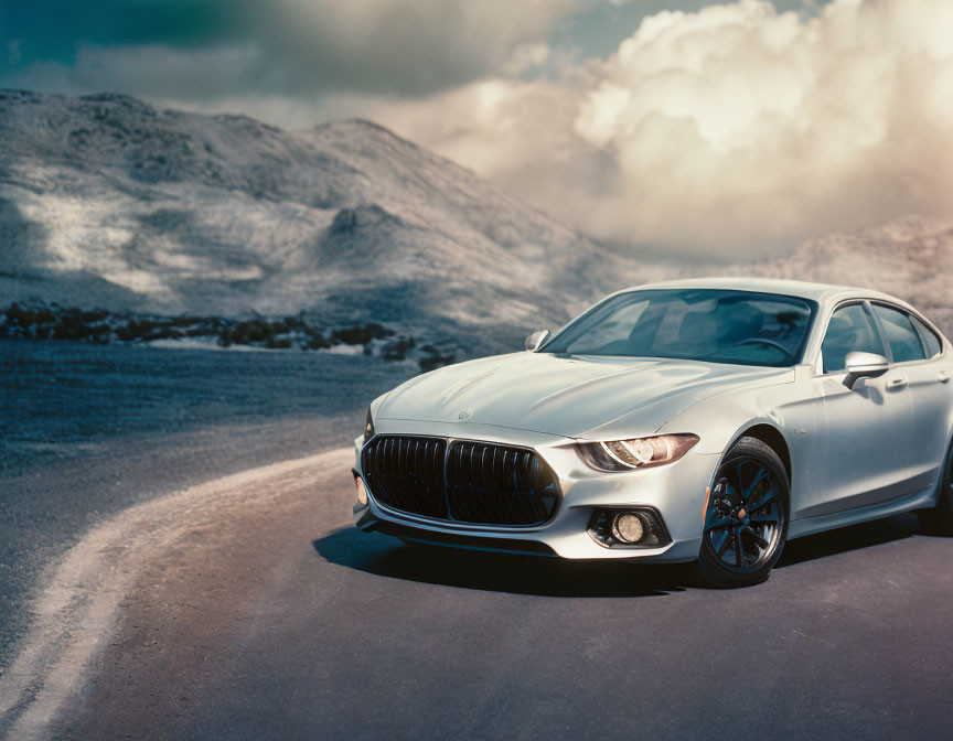 Sleek Silver Car on Winding Mountain Road Scene