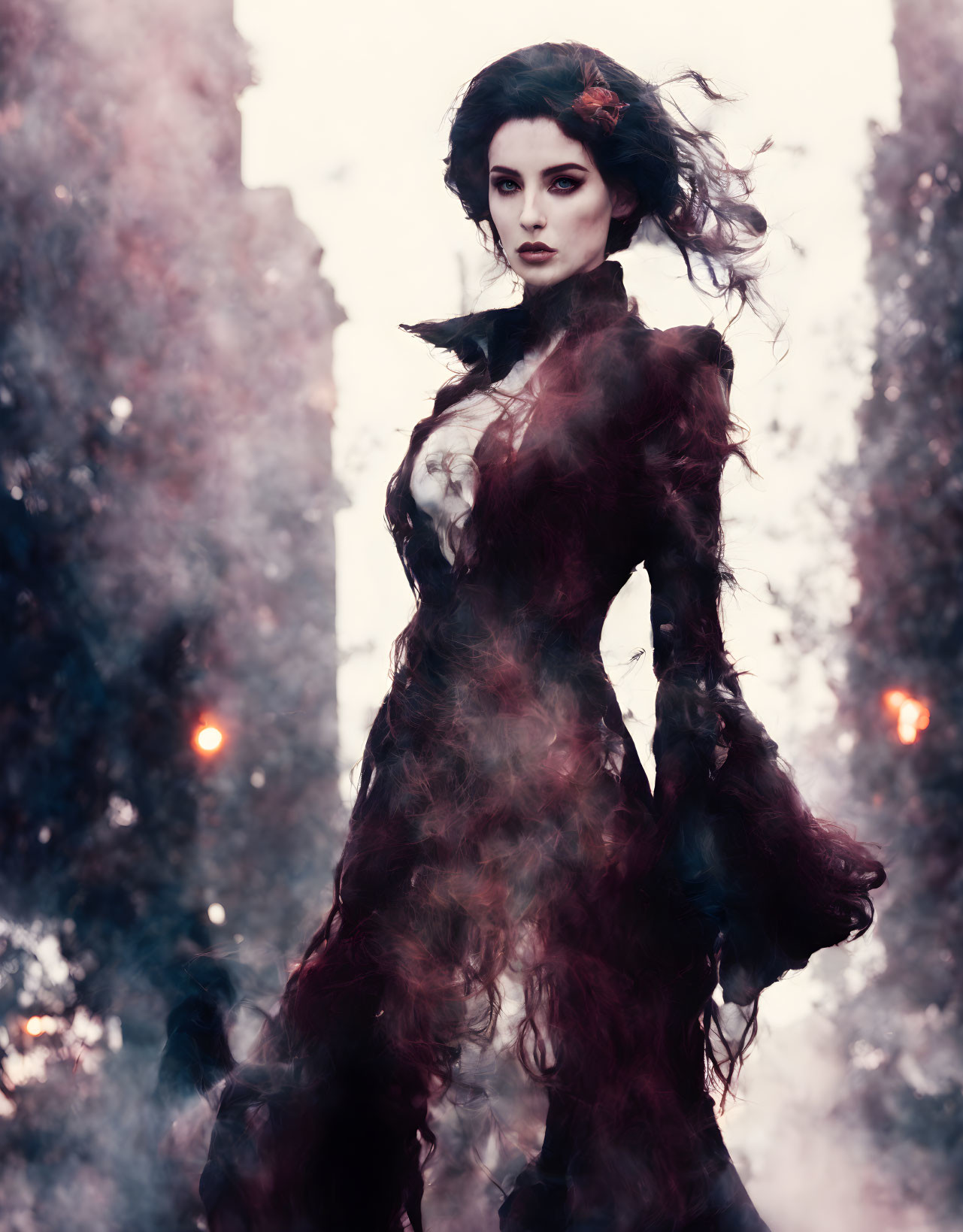 Dark-haired woman in dramatic fashion wearing flowing dress in misty setting