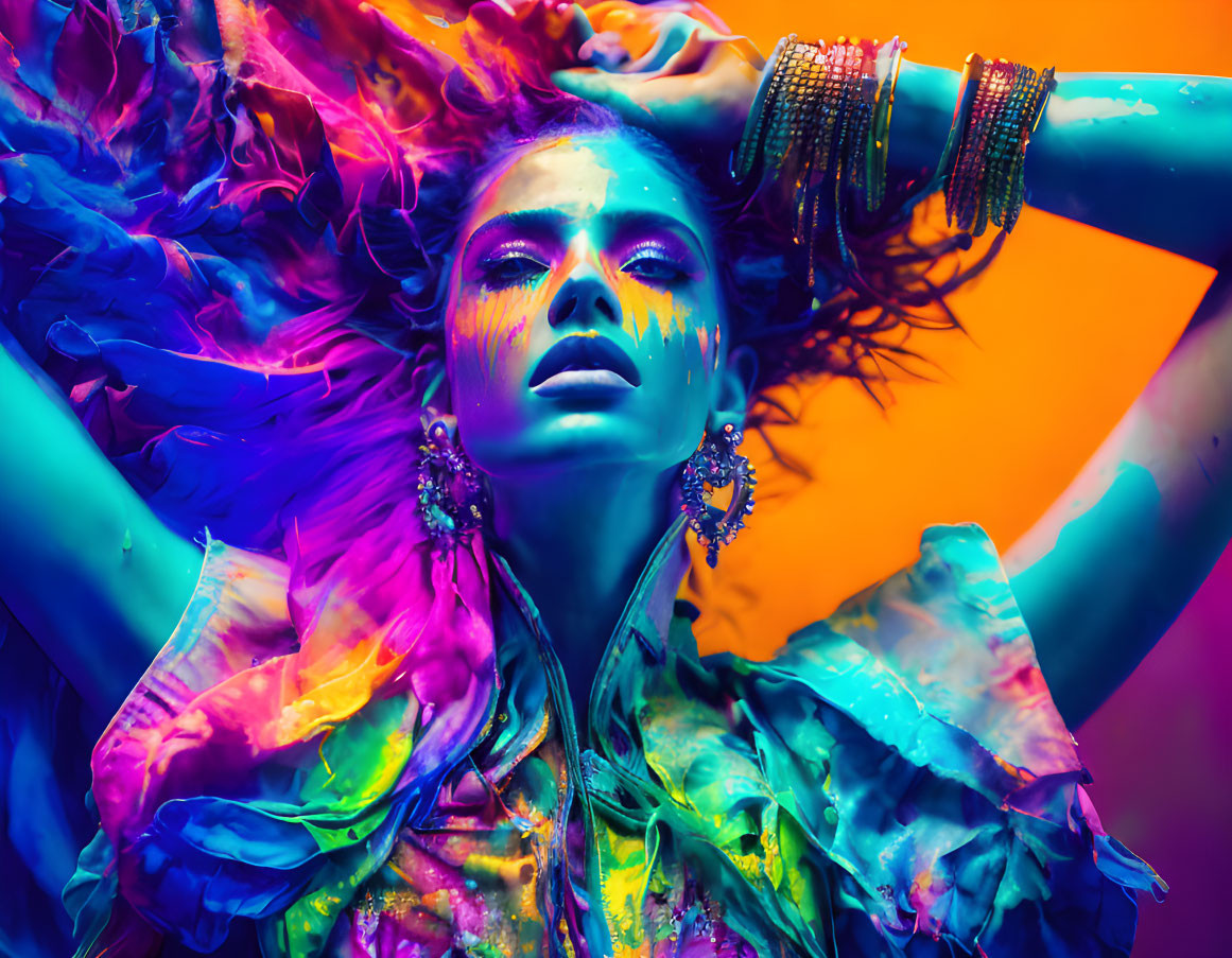 Colorful portrait of a woman with vibrant makeup and attire under neon lights